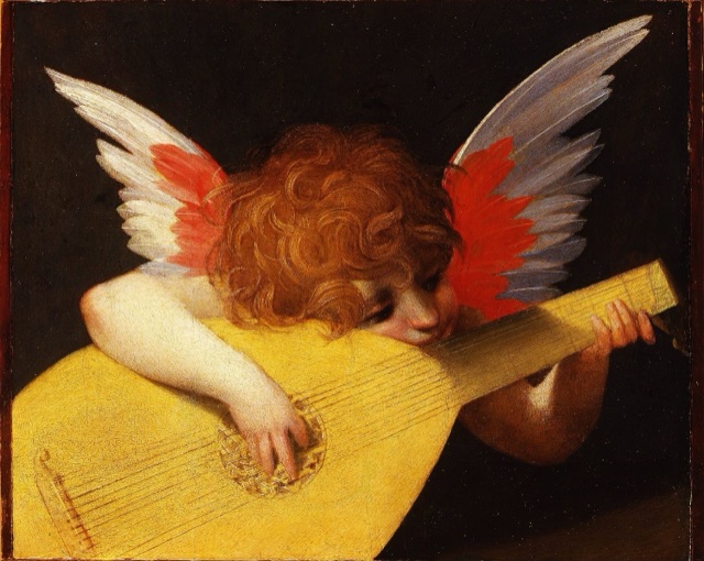 A winged child with red-gold curls leans over a golden lute and plucks its strings against a dark background.
